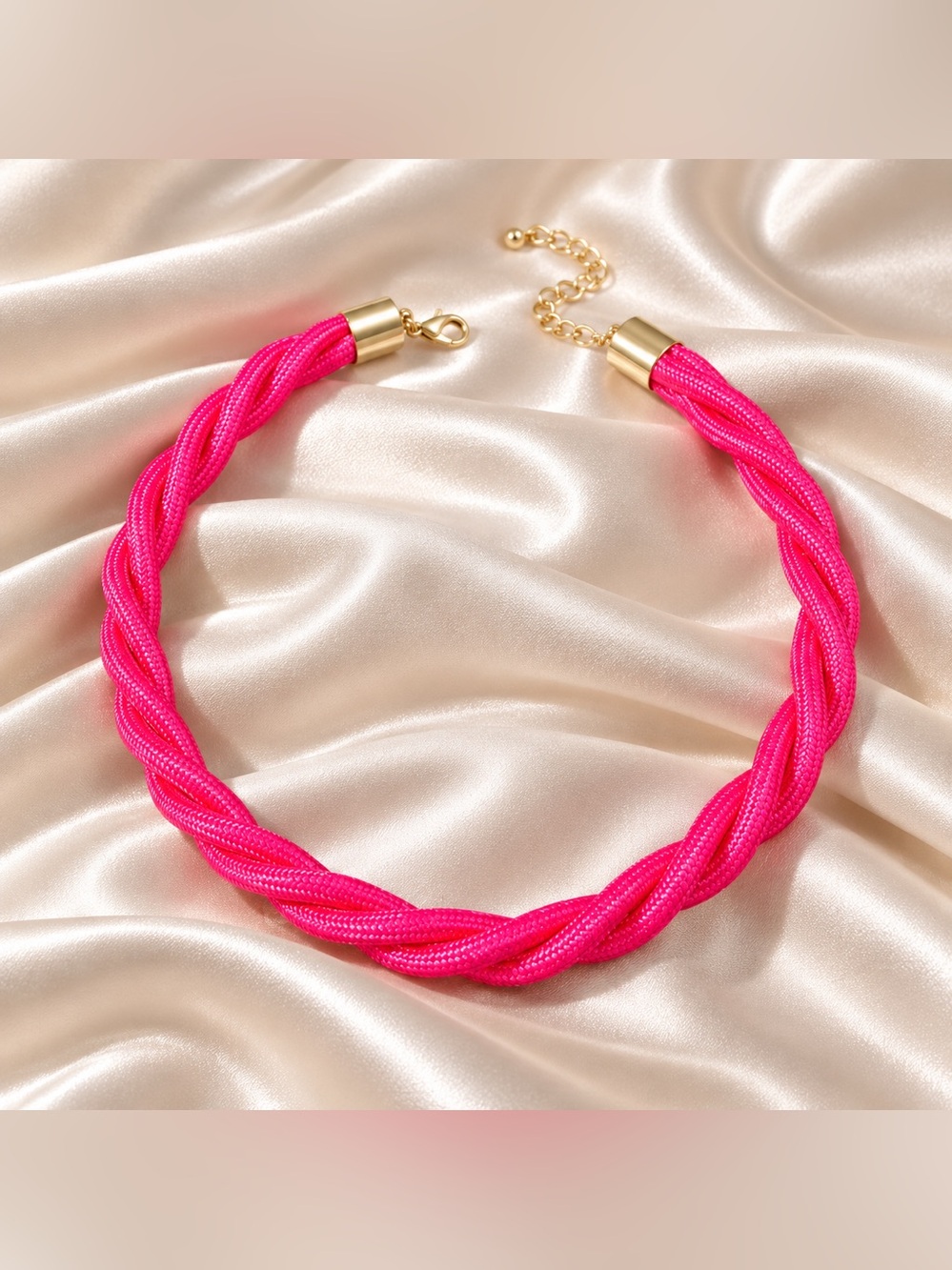 Astrid Hot Pink Braided Rope Statement Necklace Gold Tone Adjustable NWT